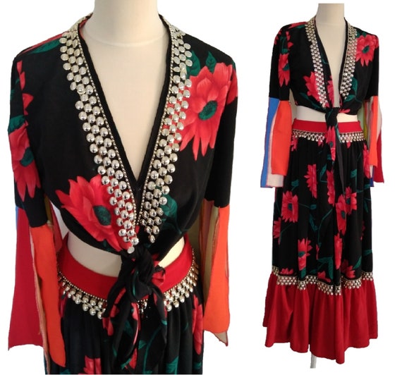 Handmade Two Piece Set, Floral skirt & Tie Waist T