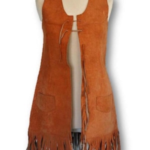 Gilet vintage in pelle scamosciata con frange Boho Chic, gilet in pelle con frange Boho