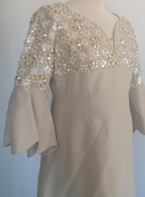 1960's Louisa Zee Designer Beaded Beige Dress, Co… - image 4