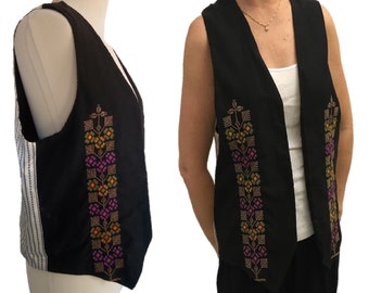 Vintage Black Vest with Handmade Embroidery