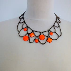 Vintage 70s Stainless Steel Ball Dog Tag Chain with Orange Beaded, Dogtag Chain Necklace