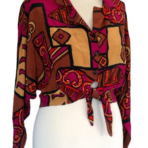 Vintage 90's Tie Waist Shirt, Tie Waist Blouse, Long Sleeves Cropped  Blouse