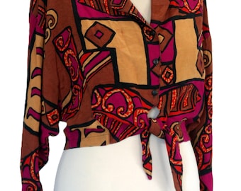 Vintage 90's Tie Waist Shirt, Tie Waist Blouse, Long Sleeves Cropped  Blouse