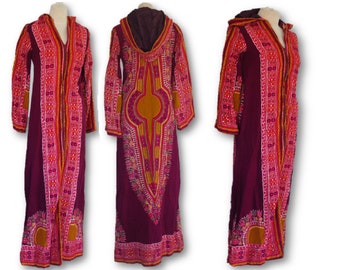 Vintage Women&#39;s Bohemian Ethnic Print  Hooded Dress, Ghalabia,  Hooded Maxi Dress, Kaftan Dress, Front Zipper Dress, Size 34