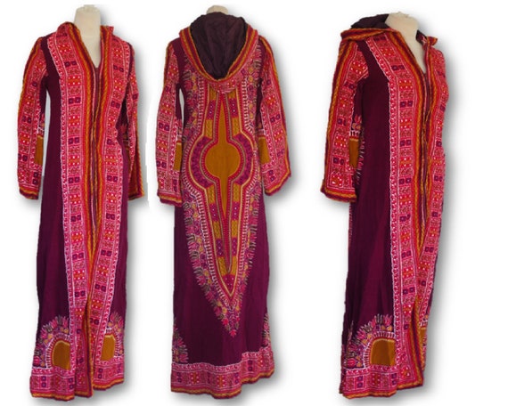 Vintage Women's Bohemian Ethnic Print Hooded Dres