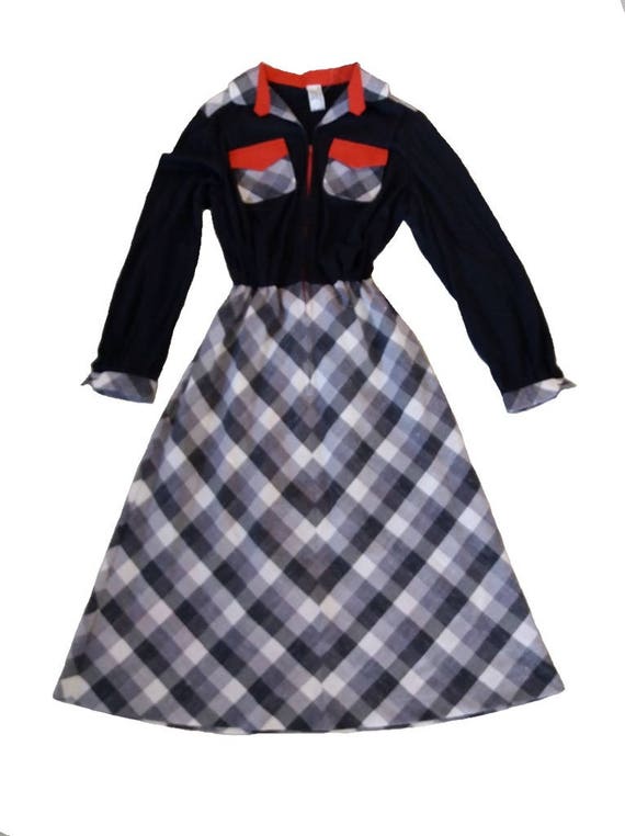 Vintage 80's Black and White plaid Dress, V Neckl… - image 8