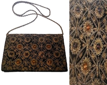 60's shoulder Bag, Vintage Gold Embroidered And Embellished (with Beads) Black Velvet Hand Crafted Evening Bag