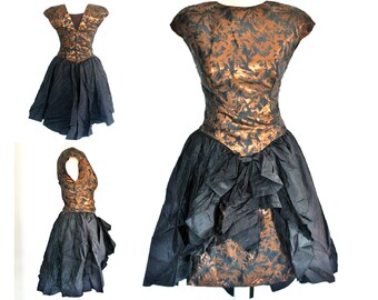 Vintage 80's Bronze and Black Dress with Black Ruffled and Big Bow, Vintage Prom Dress with Shoulder Pads