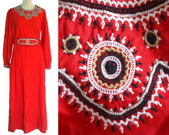 Red Dress with Belt, Vintage 60s Handmade Embroide