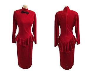 Vintage 80's Red Black Applique Long Sleeves Dress