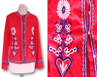 70's Red Blouses Shirt with White and Blue Embroidery, Ethnic Boho Top