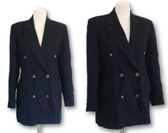 Women’s Vintage 90’s Navy Blue Wool Blazer( Size 10 UK) Blue Wool Jacket Blazer, Vintage Blue Blazer Coat