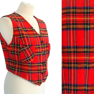 Plaid Vest, &#39;Castro&#39; Israeli Brand, Checkered Vest,Red Checkered Vest, Check Vest, Waistcoat, Waist Coat