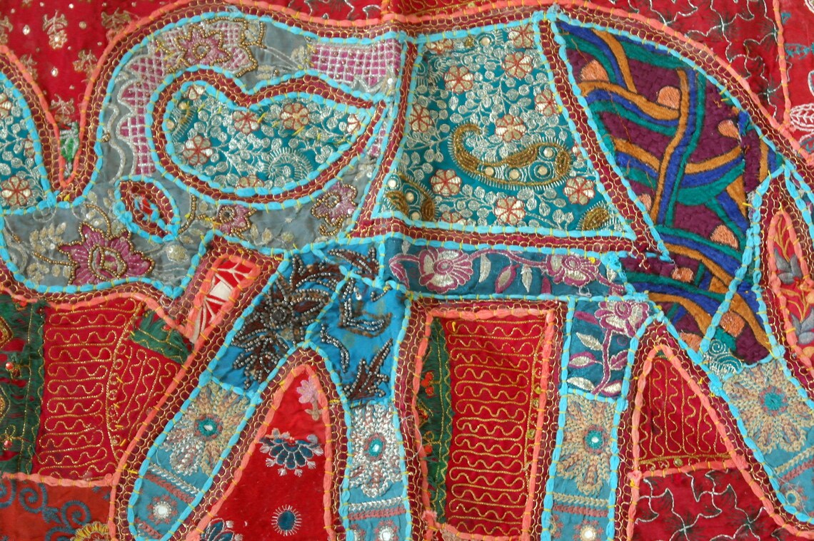 Vintage Hand Embroidery Table Cover, Indian Elephant Design, Wall