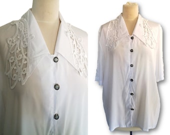 Weiße Bluse mit Spitze, weißes Hemd Kurzarm, Button-Down Hemd, Vintage 80er Jahre
