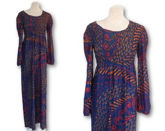 Vintage 70's Maxi Dress, 1970's Print Maxi Dress, Blue Dress, Shirred Dress, Stretch, Boho,  Hippie Dress