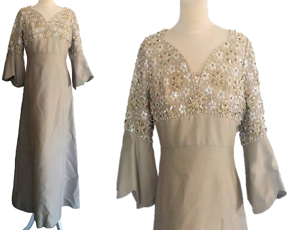 1960's Louisa Zee Designer Beaded Beige Dress, Cocktail Dress,  Evening Maxi Dress