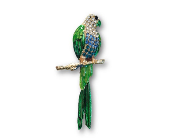 Vintage 80's Parrot Brooch, Scarf Clip, Crystal P… - image 1