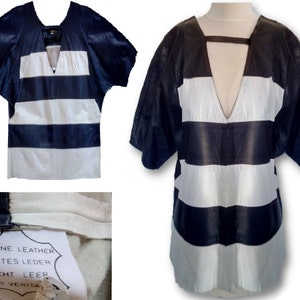 Vintage 80s Leather Striped Blue and White Shirt Size: 40
