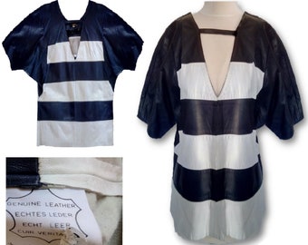 Vintage 80s Leather Striped Blue and White Shirt Size: 40