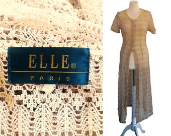 ELLE PARIS Beige Long Top, Crocheted Long Vest, Women's Lace Crochet Sheer, Open Front Cardigan, Made in France
