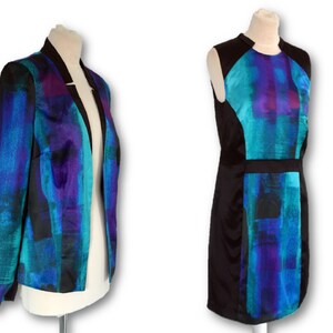 Vintage 80&#39;s Bright Satin Sleeveless Dress and Open Jacket