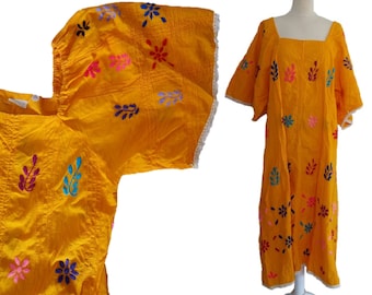 Mexican Floral Dress, Vintage 60s Embroidered Floral Maxi, Cotton Hippy Bohemian Dresses