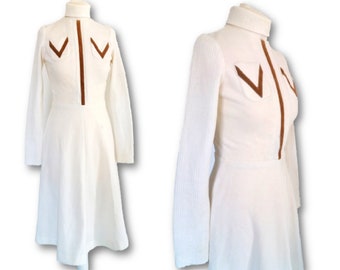 Vintage 70&#39;s  Polo Neck,  Turtleneck Neck White Dress, Military Style