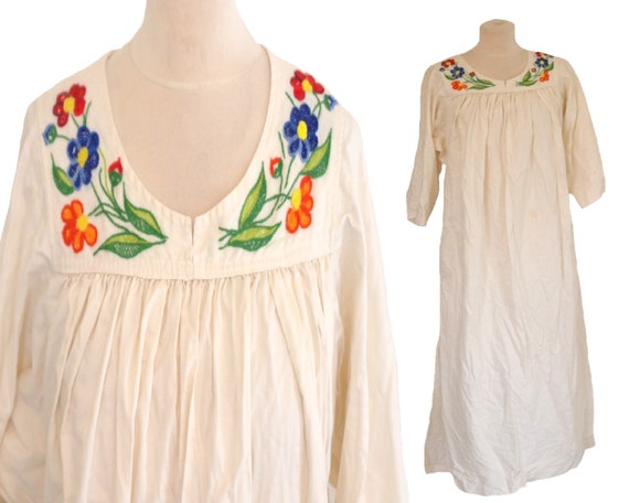 White Dress, Vintage 60s Handmade Embroidered Maxi
