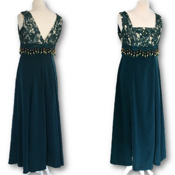 Bluish Green Beaded Lace Dress, Lace Dress, V Back Dress