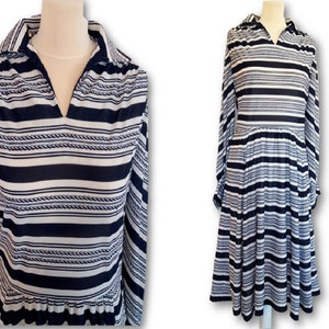 Vintage 70&#39;s Blue & White Striped Dress, V Neckline Dress, Long Sleeve Dress