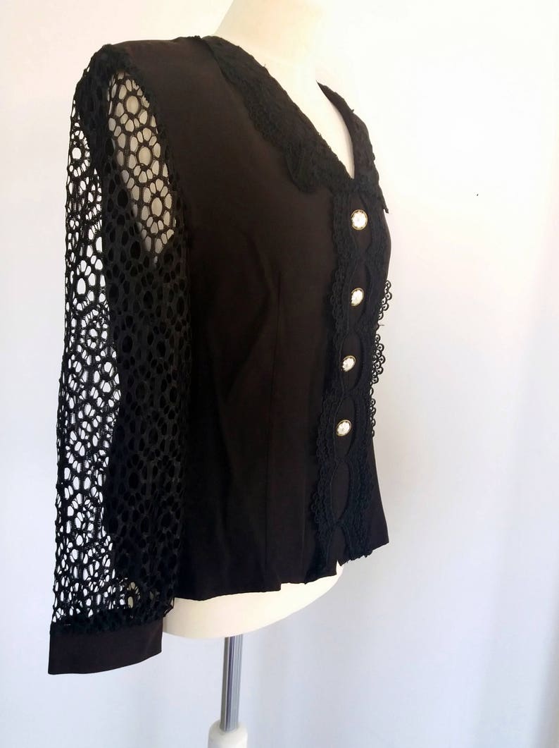 Vintage 80/'s Black Shirt with Shoulder Pads Button Down Shirt Black Rayon Blouse with Border Lace Long Lace Sleeve