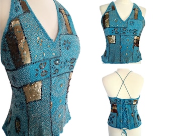Embellished Turquoise Bustier Crop Top, Handmade Embroidery Beadwork