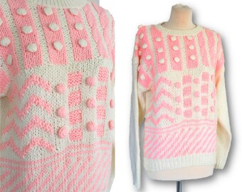 Vintage 90s Sweater, Pink and White Pullover Sweater, Size M