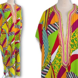 Vintage 70&#39;s Colorful Dress, Colorful Kaftan Dress,  Colorful Maxi Dress With Embroidery, Kaftan Dress, Ethnic Style