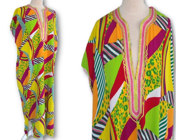 Vintage 70's Colorful Dress, Colorful Kaftan Dress