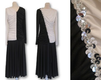 Vintage 80's Black and White Dress, Pleats Dress, Sequin Embroidery Dress, Black and White Dress with Shoulder Pads
