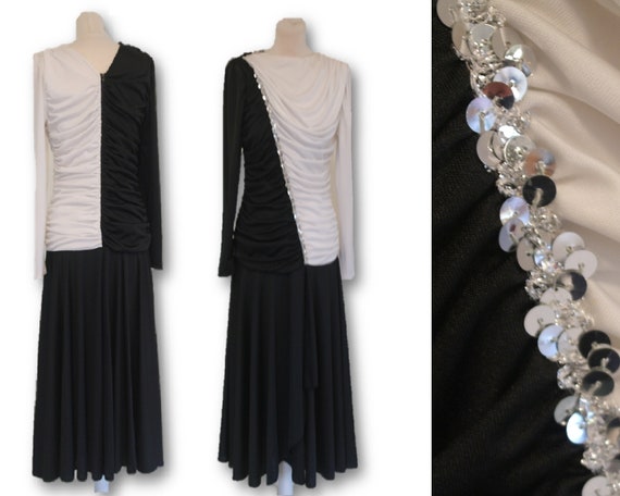 Vintage 80's Black and White Dress, Pleats Dress,