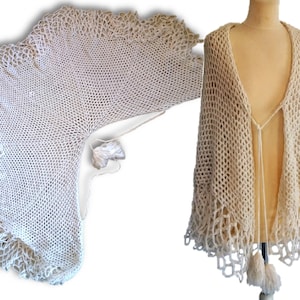 White Poncho, Vintage 1970&#39;s  Knit Shawl, Handmade Knitted Poncho, Shawl, Tasselled Blanket Wrap
