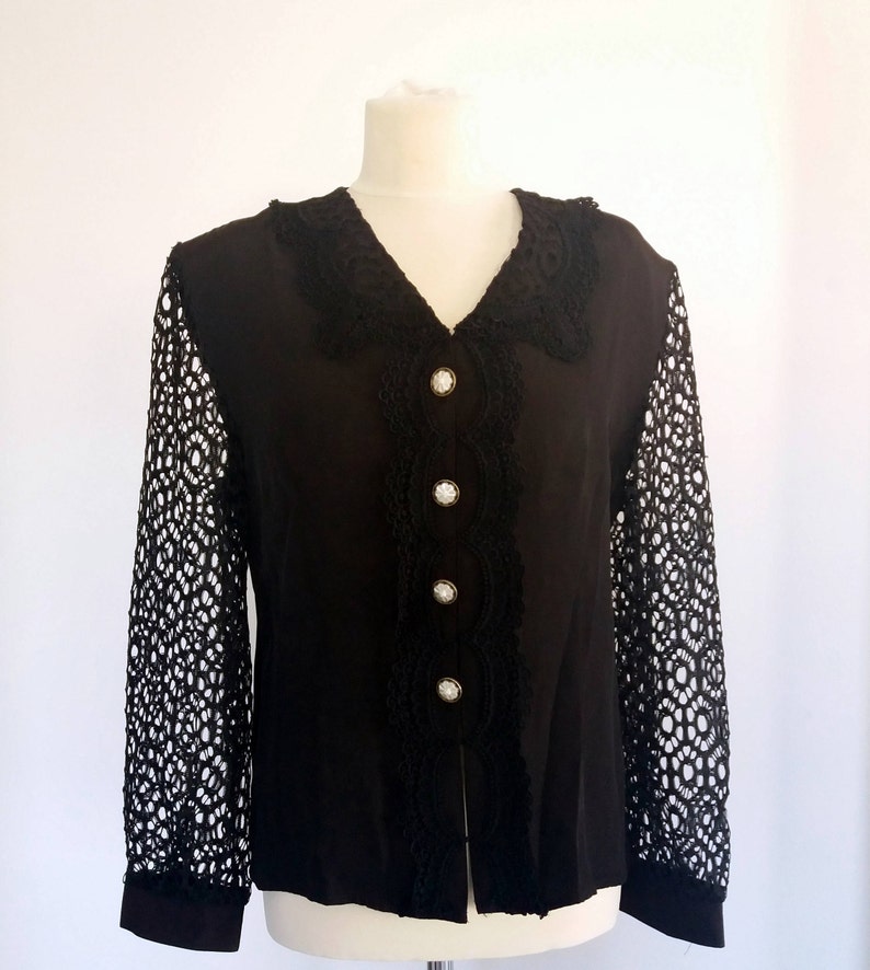 Vintage 80/'s Black Shirt with Shoulder Pads Button Down Shirt Black Rayon Blouse with Border Lace Long Lace Sleeve