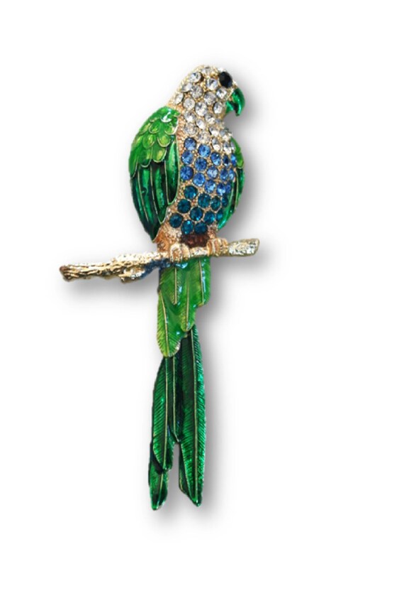 Vintage 80's Parrot Brooch, Scarf Clip, Crystal P… - image 2