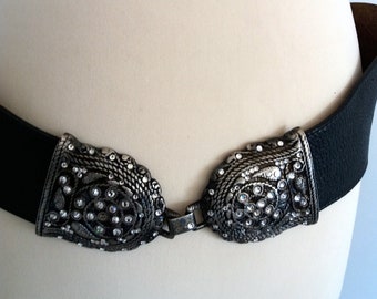 Black Elastic Leather Stretch Belt, Women Elastic Leather Belt, Metal Buckle wite Crystals