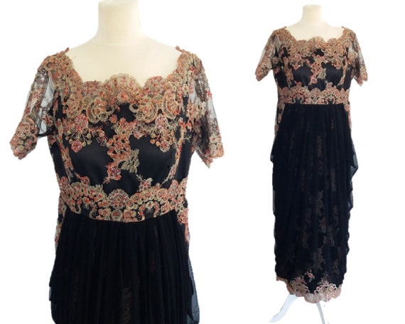 Vintage Black Beaded Embroidered Dress, Bohemian L