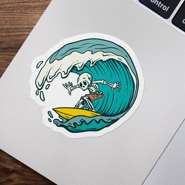 Surfing Skeleton Sticker, Skull Surfing, Hang Ten, Waterproof Vinyl Sticker for Hydroflask || 137