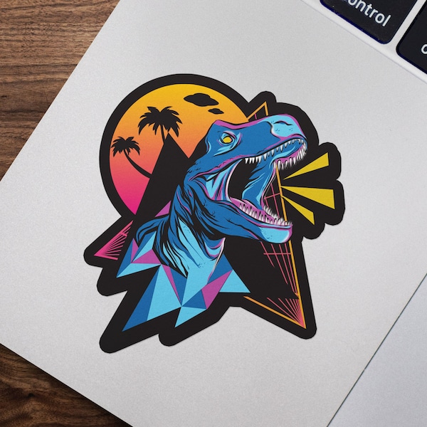 T-Rex Retro Sticker, Neon Dinosaur Decal, 80's Pop Art, Waterproof Vinyl Sticker for Hydroflask || 018