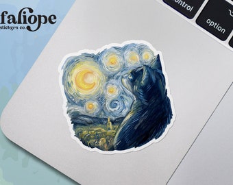 Cat Van Gogh Starry Night Sticker, Fine Art Sticker, Cat Lover Gift, Kitty Artwork Painting, Waterproof Vinyl Sticker for Hydroflask || 240