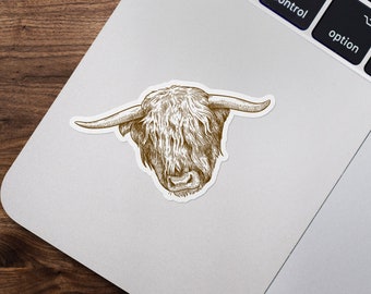 Highland Cattle Sticker, Hand drawn Line Art, Scottish Rustic Cow Bull, Waterproof Vinyl Sticker for Hydroflask || 148