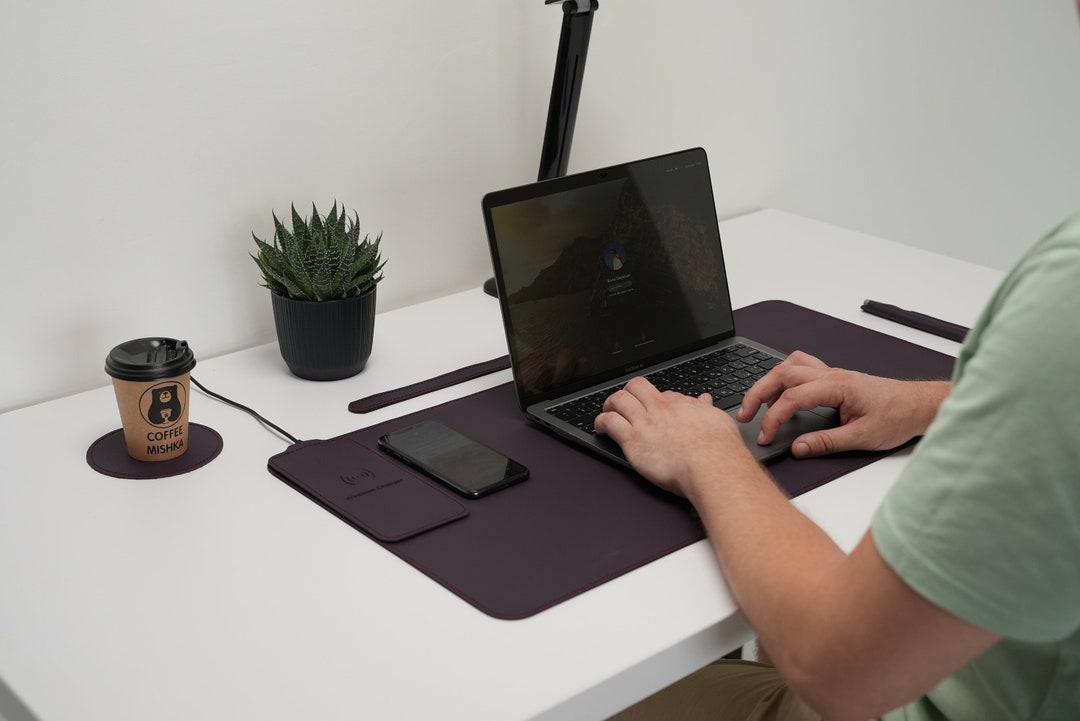 Best Leather Desk Pad Computer Mat Wireless Charger Leather Etsy