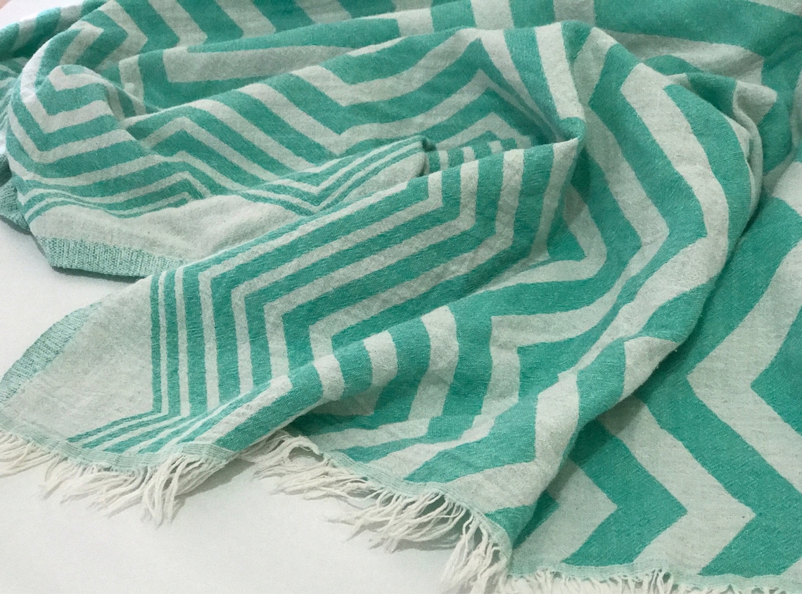 Turkish Towel, Turkish Beach Towel, Mint Zigzag Towel, Duble Sided