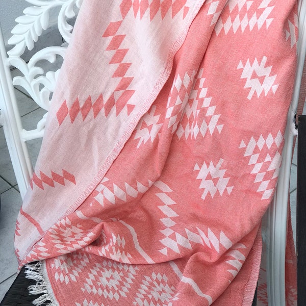 Salmon Beach towel, Yoga, Double sided pink orange picnic blanket, throw blanket rug pattern, jacquard % 100 cotton bath & beach towel